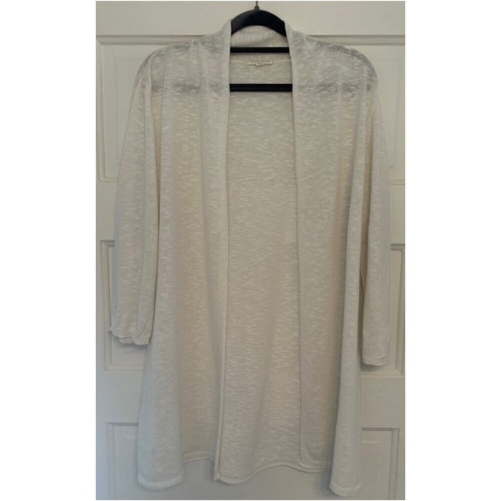 Eileen Fisher. White Cotton and Linen Open-Front ¾ Sleeve Sweater. Size S.